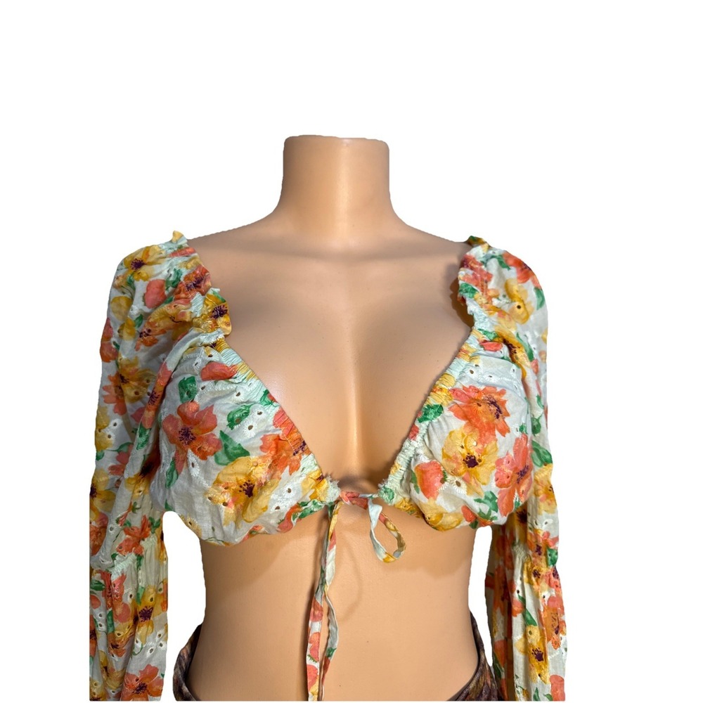 Wild Fable Yellow Orange Multi Embroidered Floral Long Sleeve‎ Crop Top Size S